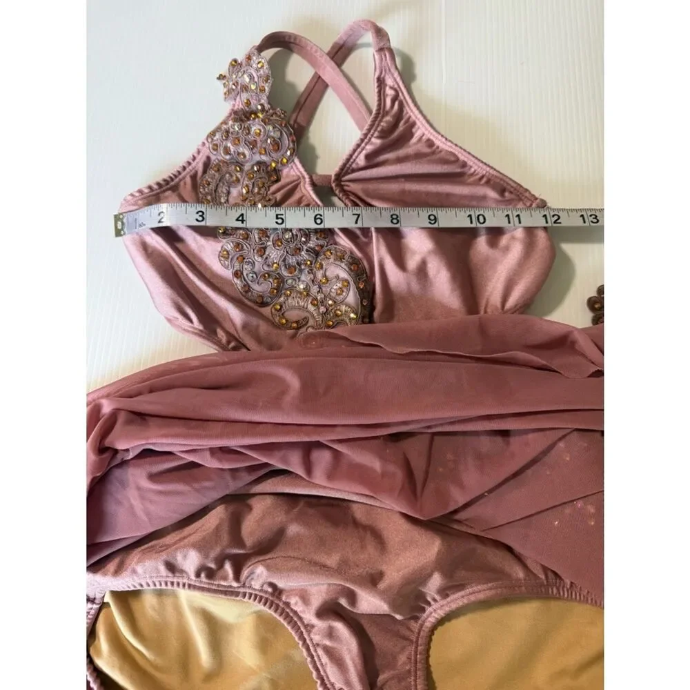 Pink custom solo Dance costume embellished asymmetrical Leotard dress SA adult